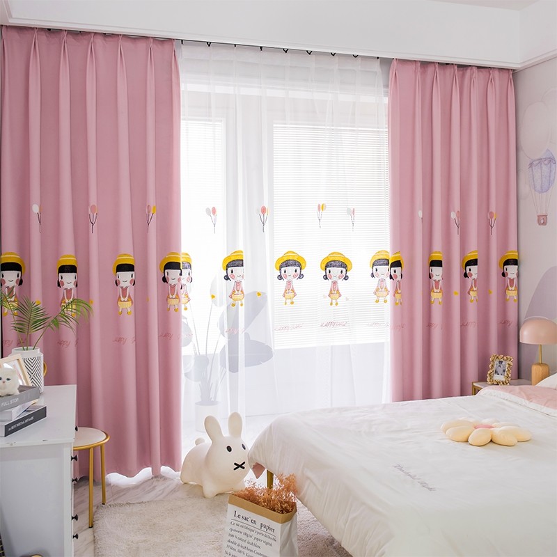窗帘儿童房卡通粉红羞羞女孩遮光窗帘布2021新款打孔挂钩纱帘定制