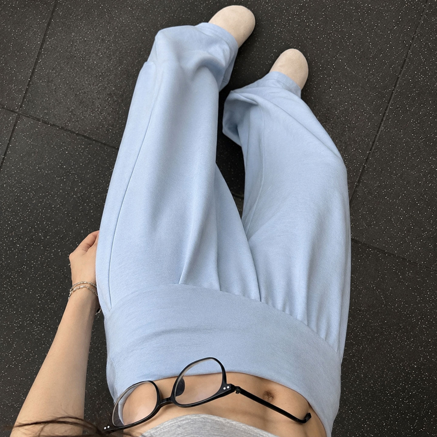翻腰奶芙山本裤女夏季薄款宽松运动休闲小个子直筒蓝色冰丝阔腿裤