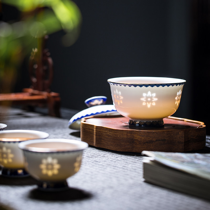 景德镇高温白瓷功夫茶具套装华夏之光一盖碗四杯送礼高端
