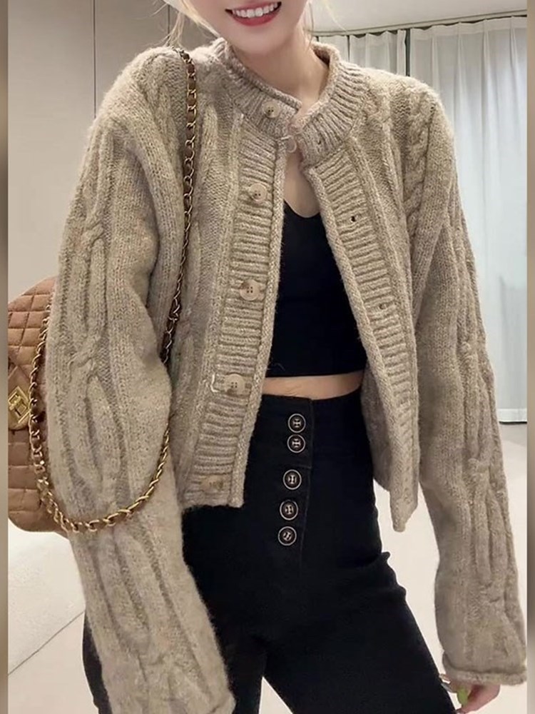 thumbnail for Korean Style Melard Button Knit Cardigan for Women, 2025 Autumn New Model, Elegant and High-End Khaki Top for Women