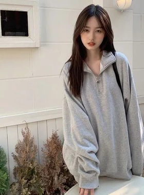 卫衣春秋季灰色衣服over韩系女生size美式慵懒半拉链风上宽松