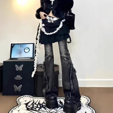 女辣妹秋季牛仔裤拖地裤显瘦猫须新款低腰修身毛边美式复古微喇叭