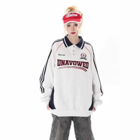 字母长袖拼接POLO衫宽松上衣Feellonely复古美式潮牌套头情侣