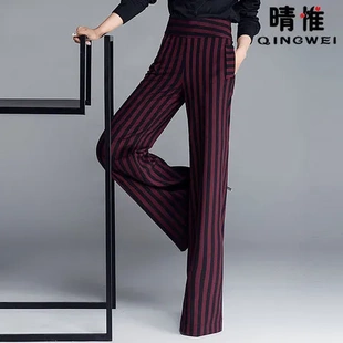 女士黑红裤子女装新款阔腿裤时尚秋时装条纹甩裤高腰长裤爆款大码