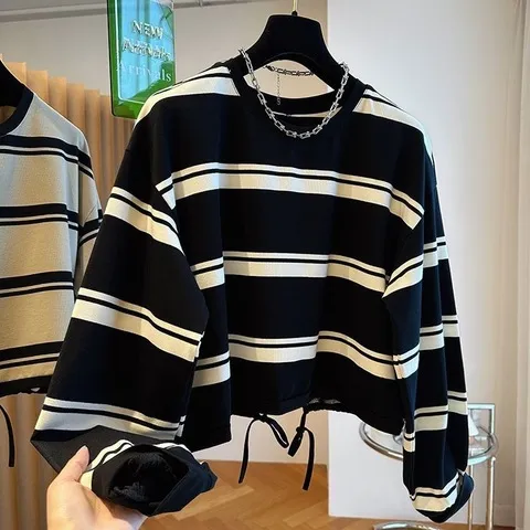 卫衣韩系宽松高腰女秋条纹小个子设计感上衣下摆短款抽绳小众休闲