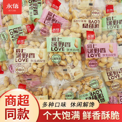 永信爱上绿野香花生500g袋装蒜香味奶油味东北小花生带壳红皮花生