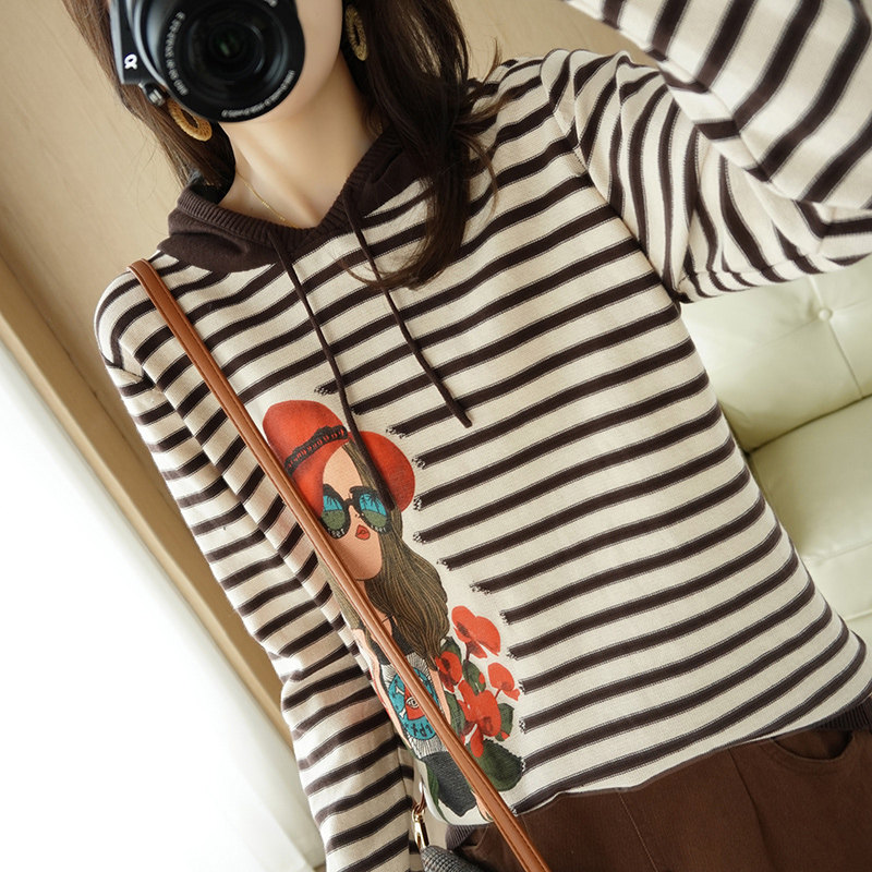 连帽撞色条纹针织衫女2022春秋新款内搭印花毛衣宽松棉线打底帽衫