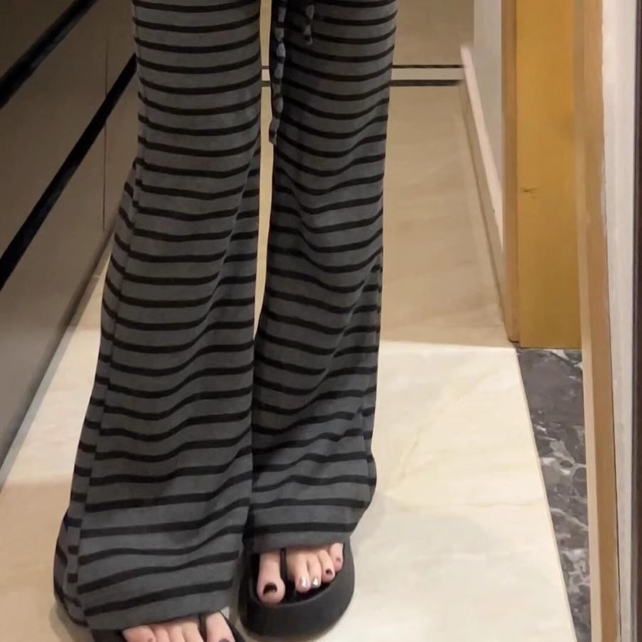 条纹遛弯裤微喇裤女夏薄款休闲裤高腰垂感百搭显瘦慵懒风黑色裤子