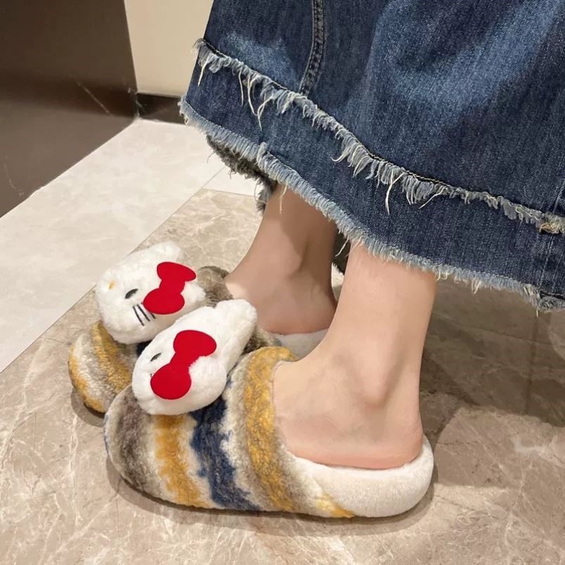 条纹格子kt猫棉拖秋冬保暖休闲鞋懒人居家舒适毛毛拖鞋防滑耐磨