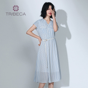 TRIBECA翠贝卡商场同款夏V领收腰a字气质条纹连衣裙