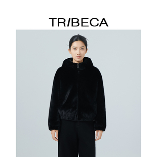 TRIBECA翠贝卡2025冬新款商场同款仿皮草通勤简约黑色短款外套女