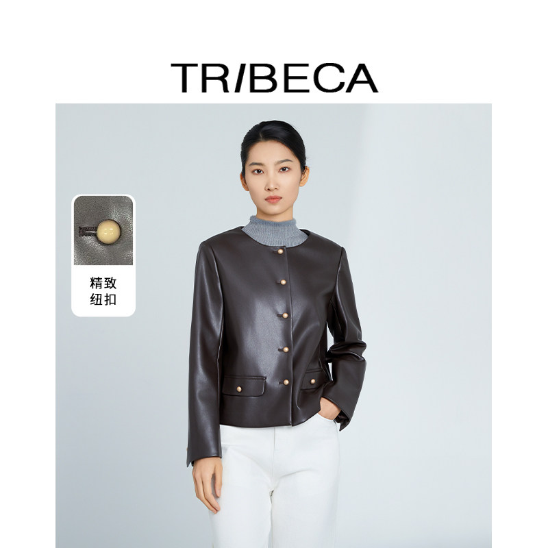 翠贝卡复古长袖短款皮衣