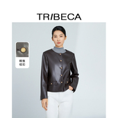 翠贝卡2025冬新款 皮衣外套女 长袖 商场同款 休闲复古简约圆领短款