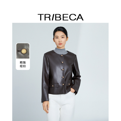 翠贝卡复古长袖短款皮衣