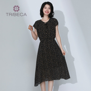 TRIBECA翠贝卡夏商场同款修身雪纺印花中长款连衣裙