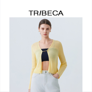 TRIBECA翠贝卡2026春新款商场同款呼吸感镂空V领短款针织开衫Z360