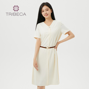 TRIBECA翠贝卡夏季商场同款法式收腰纯色短袖连衣裙