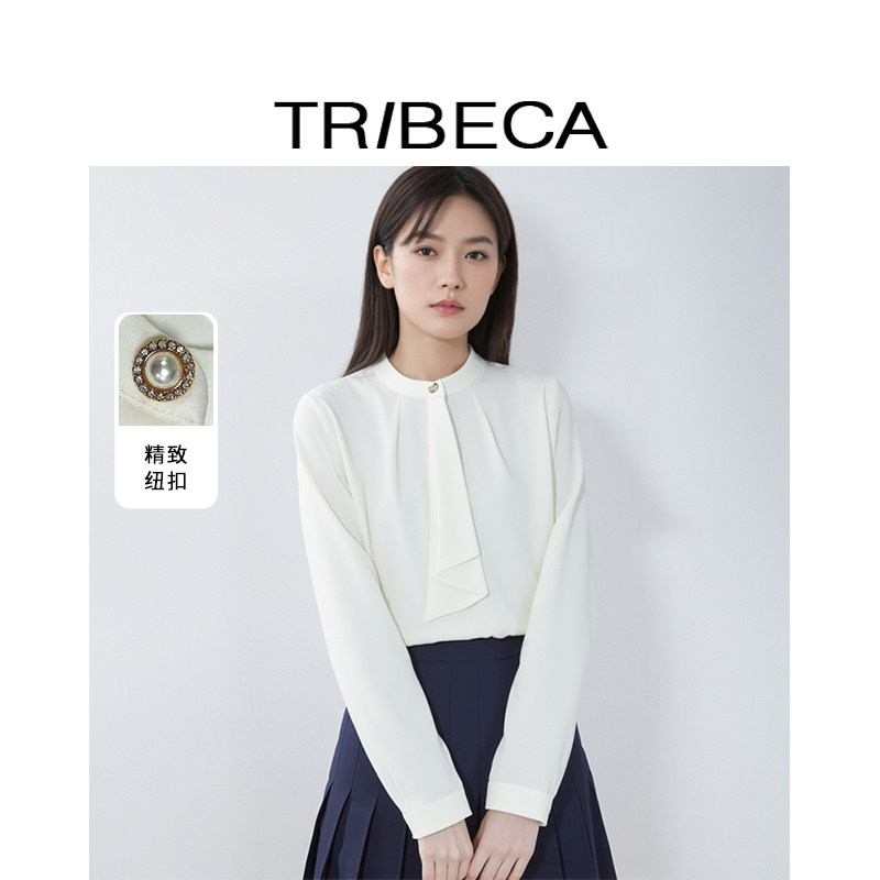 翠贝卡白色飘带长袖衬衫