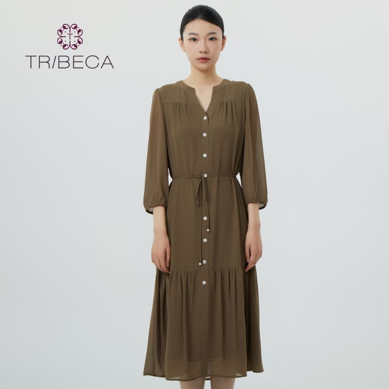 TRIBECA翠贝卡2024春秋新款商场同款纯色V领中长泡泡七分袖连衣裙