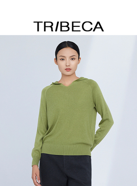 TRIBECA/翠贝卡2024秋新款商场同款绿色休闲女套头连帽针织衫毛衣