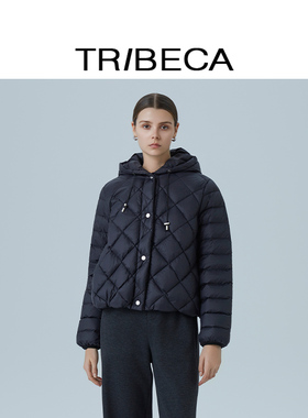 TRIBECA翠贝卡2025冬新款商场同款黑色短款鹅绒连帽羽绒服女
