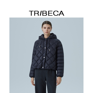 TRIBECA翠贝卡2025冬新款商场同款黑色短款鹅绒连帽羽绒服女