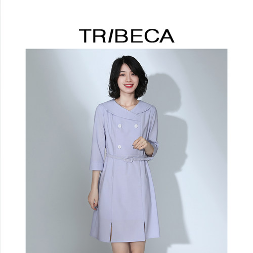 翠贝卡翻领双排扣连衣裙女收腰