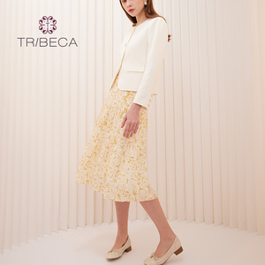 TRIBECA翠贝卡2024春季新款商场同款印花收腰中长款七分袖连衣裙
