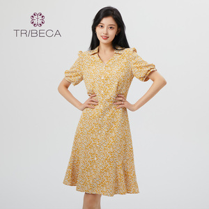 TRIBECA翠贝卡夏季商场同款V领碎花甜美泡泡袖连衣裙
