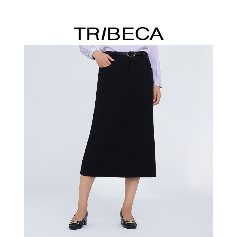 TRIBECA/翠贝卡2024秋新款商场同款黑色通勤高腰开叉中长款半身裙
