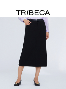 TRIBECA/翠贝卡2024秋新款商场同款黑色通勤高腰开叉中长款半身裙