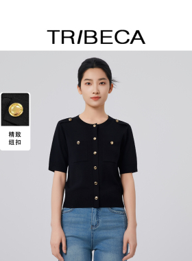 TRIBECA翠贝卡2026夏新款商场同款小香风黑色短袖针织开衫女上衣