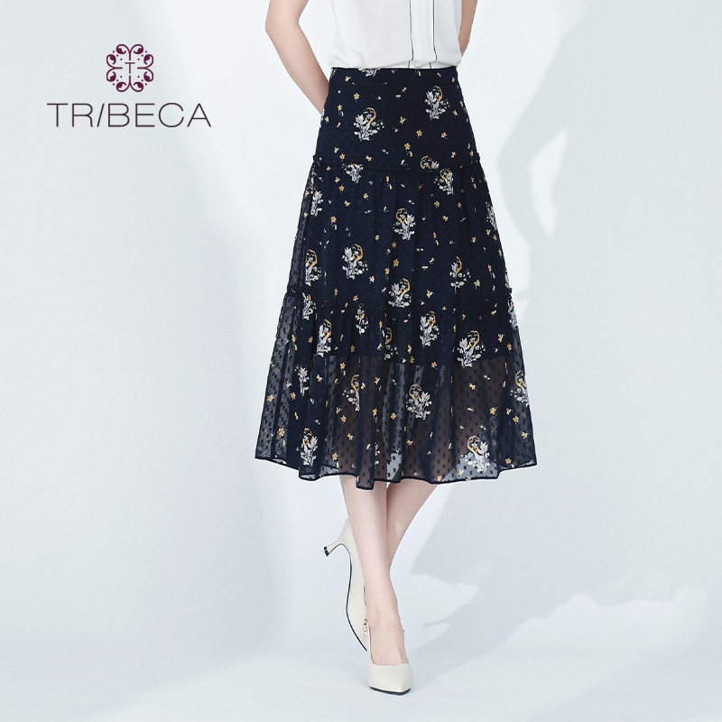 TRIBECA翠贝卡夏季商场同款印花雪纺高腰显瘦半身群