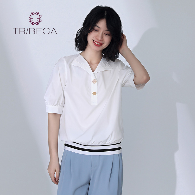TRIBECA翠贝卡夏季商场同款百搭V领显瘦宽松短袖衬衫
