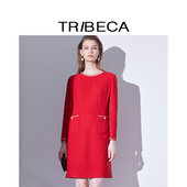 商场同款 TRIBECA 翠贝卡2024秋新款 女含绵羊毛红色小香风连衣裙