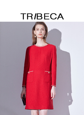 TRIBECA/翠贝卡2024秋新款商场同款女含绵羊毛红色小香风连衣裙
