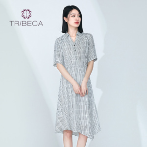 TRIBECA翠贝卡夏季商场同款女条纹雪纺不规则连衣裙