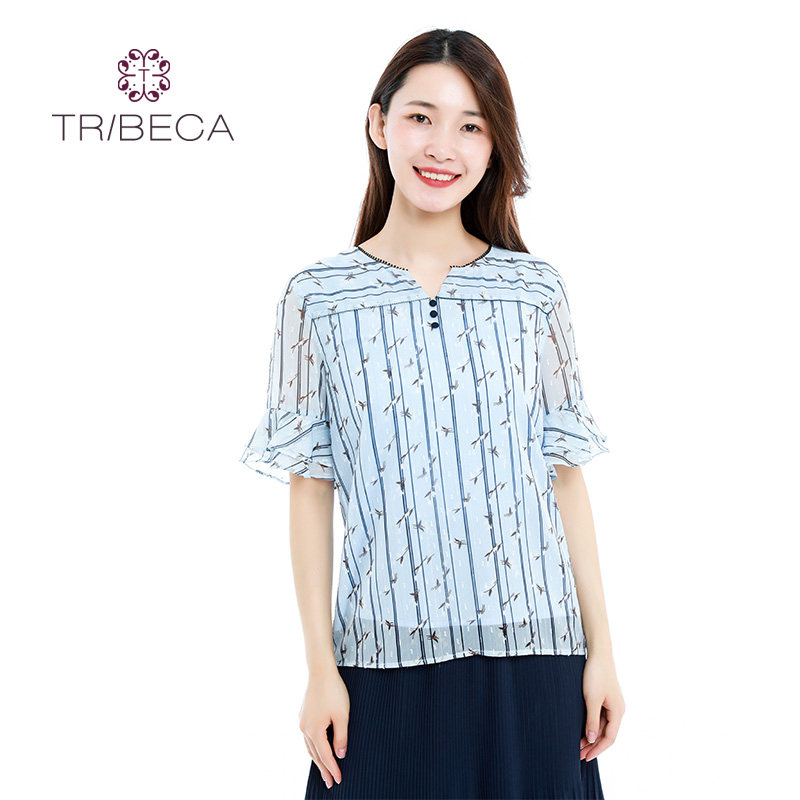 翠贝卡气质V领条纹女夏衬衫