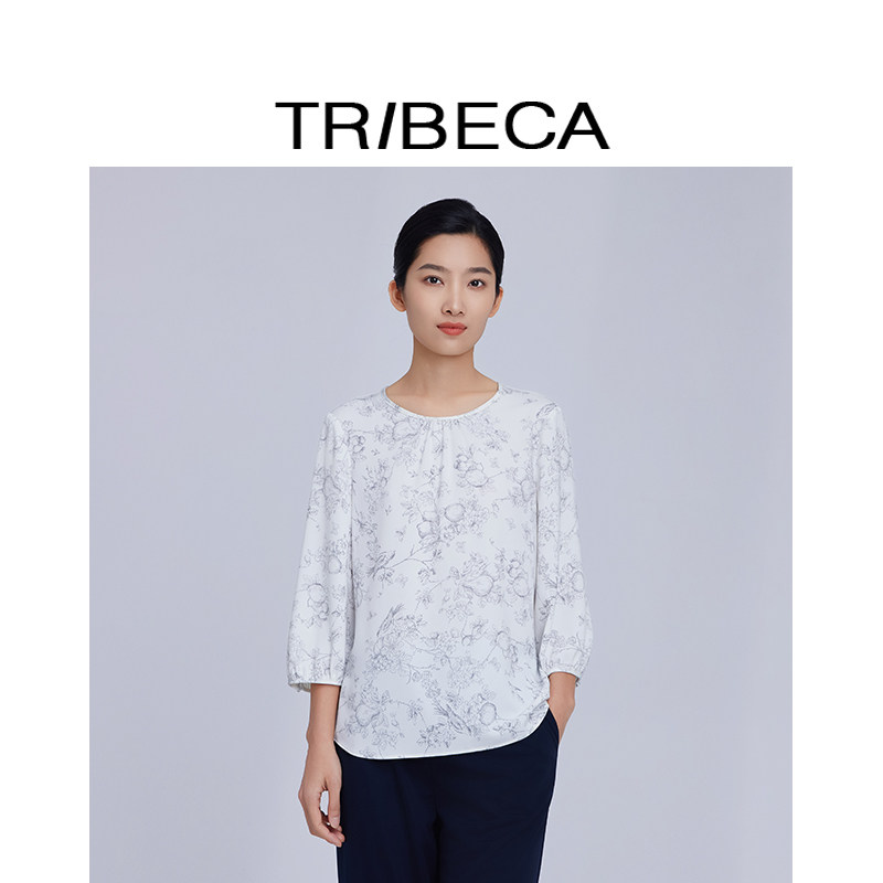 TRIBECA翠贝卡2025春季新款商场同款印花七分袖休闲圆领通勤衬衫