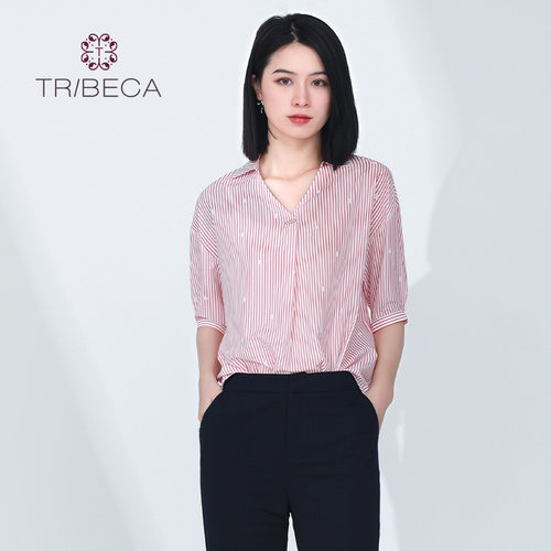 TRIBECA翠贝卡直筒短袖条纹衬衫
