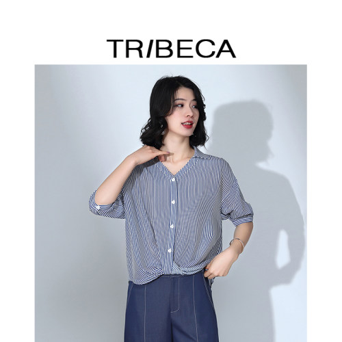 tribeca夏季新款条纹五分袖衬衫