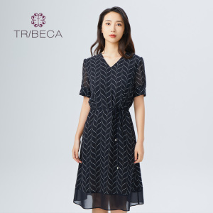 TRIBECA翠贝卡2023夏商场同款印花V领女雪纺连衣裙