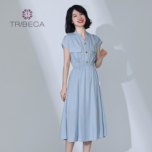 TRIBECA翠贝卡夏季商场同款v领气质中长款显瘦中长裙夏天女连衣裙