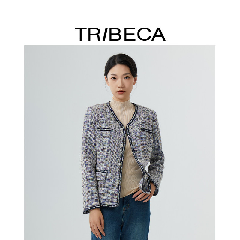 TRIBECA翠贝卡秋冬商场新款法式女款小香风外套拼接设计休闲上衣,女装/女士精品,短外套,淘宝优惠券,粉丝福利购,淘宝优惠卷