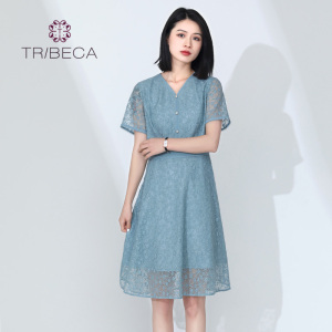 TRIBECA翠贝卡商场同款女V领蕾丝刺绣气质A字连衣裙2024新款裙子