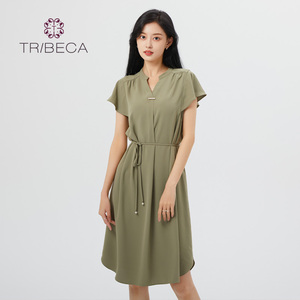 TRIBECA翠贝卡夏季商场同款荷叶边V领女中长款连衣裙