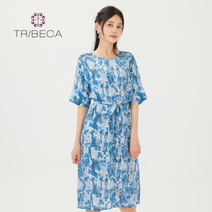 TRIBECA翠贝卡夏季商场同款五分袖印花桑蚕丝连衣裙