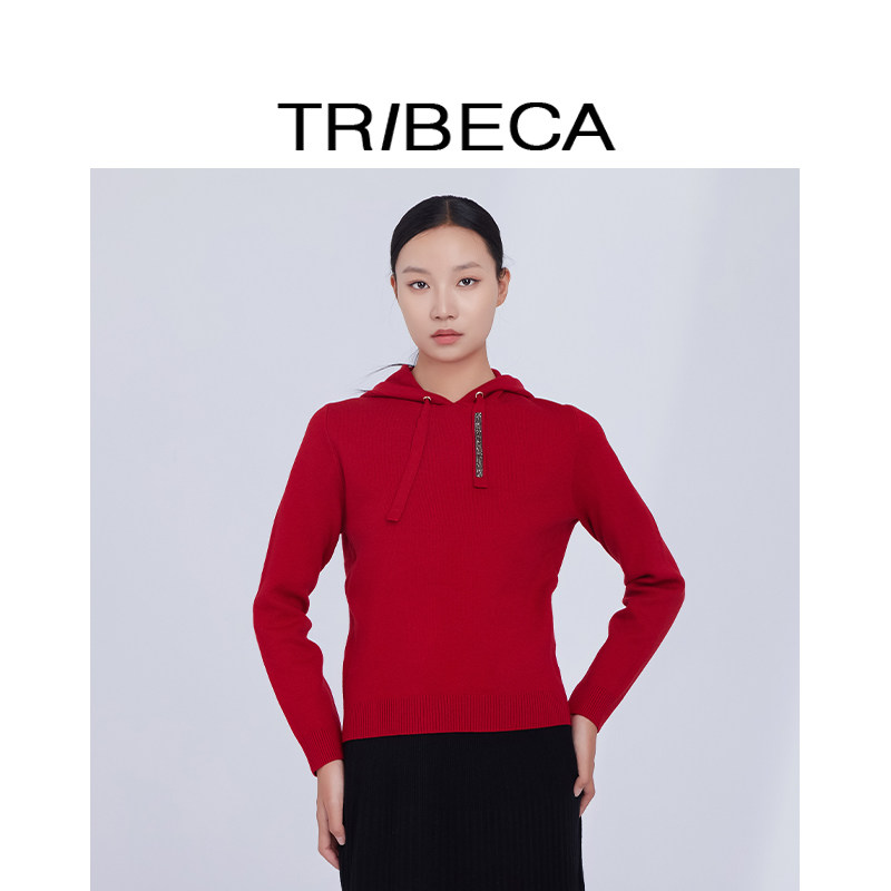 TRIBECA翠贝卡2024年商场同款秋冬新款纯色休闲连帽针织衫上衣,女装/女士精品,毛针织衫,淘宝优惠券,粉丝福利购,淘宝优惠卷