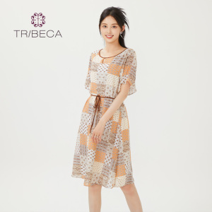 TRIBECA翠贝卡夏商场同款雪纺印花气质女短袖连衣裙