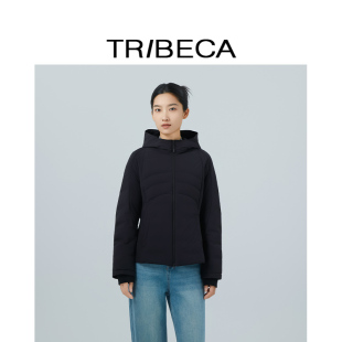 TRIBECA翠贝卡2025冬新款商场同款鹅绒轻薄通勤连帽黑色羽绒服女